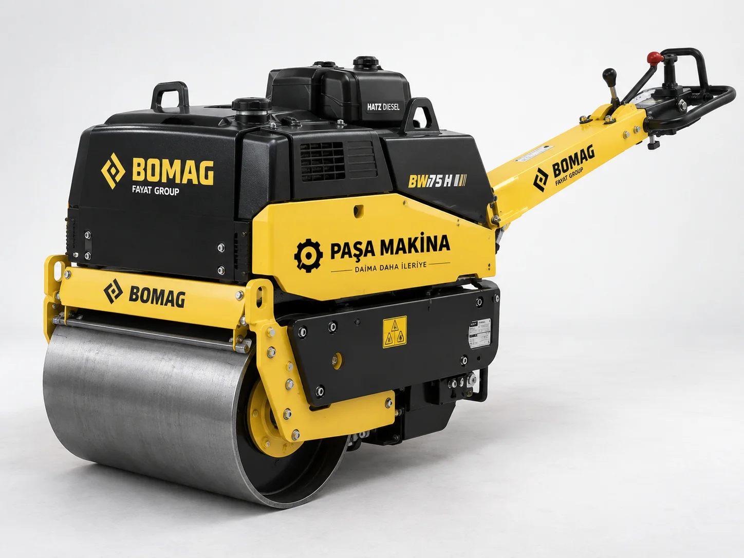 Kiralık el silindiri: Paşa Makina Bomag BW 75 H arkadan yürümeli çift tamburlu silindir, Hatz dizel motorlu, 600–800 kg sınıfı; dar alan ve hendek sıkıştırma için.